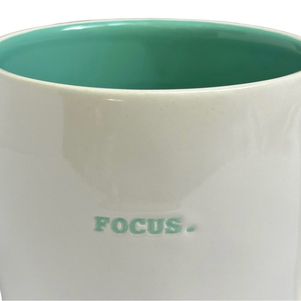 Rae Dunn FOCUS Coffee Mug Tea White Teal Letters and Interior Dimples 2017 Yoga - Picture 3 of 12